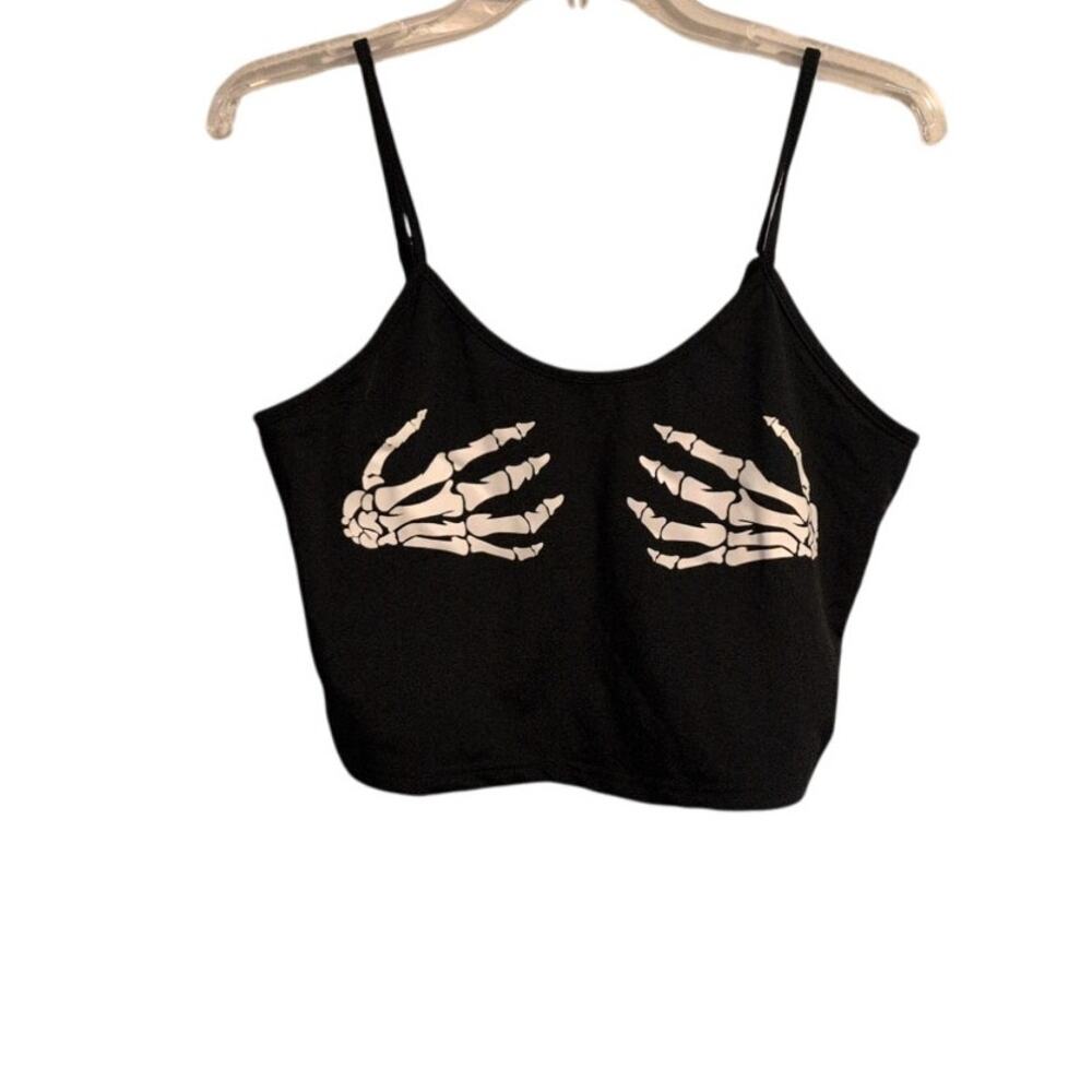 Romwe Skeleton Crop Top – Black & White, Adjustable Straps, Size LargeS